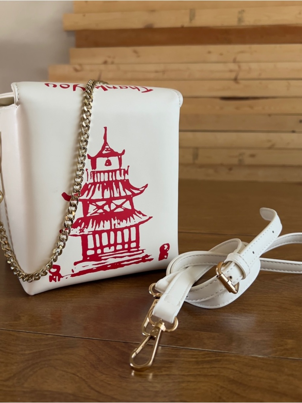 Chinese Takeout White Red Faux Leather Thank You Pagoda Tower Print Shoulder Bag
